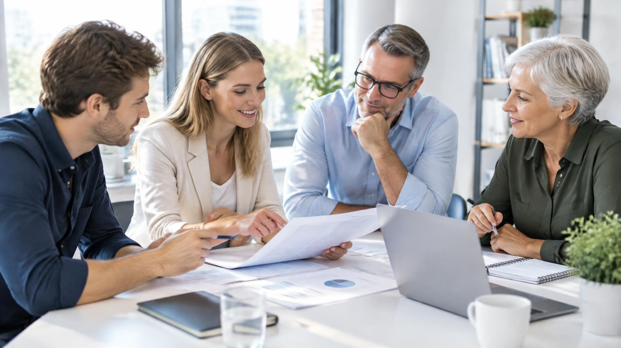 Team of colleagues discussing around a table in a bright office